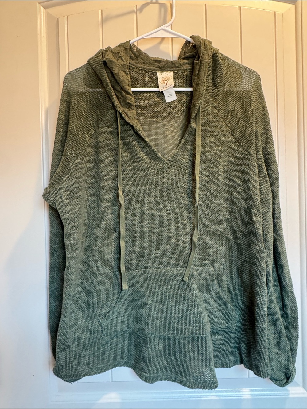 Self Esteem Olive Green V-Neck lace Hooded Knit Sweater